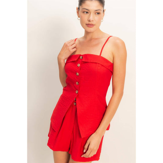 Cherry Strap Buttoned Top And Shorts Set
