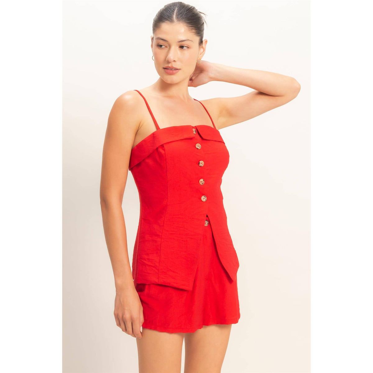 Cherry Strap Buttoned Top And Shorts Set