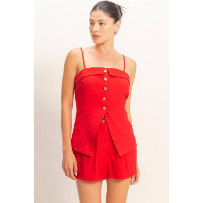 Cherry Strap Buttoned Top And Shorts Set